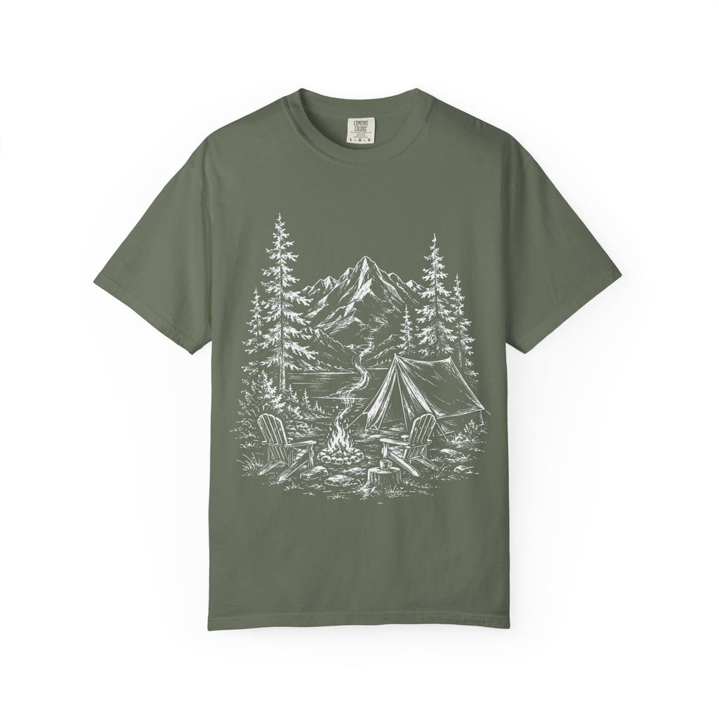 Campsite Sketch — Vintage Mountain Camp Scene Outdoor Tee
