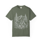 Campsite Sketch — Vintage Mountain Camp Scene Outdoor Tee
