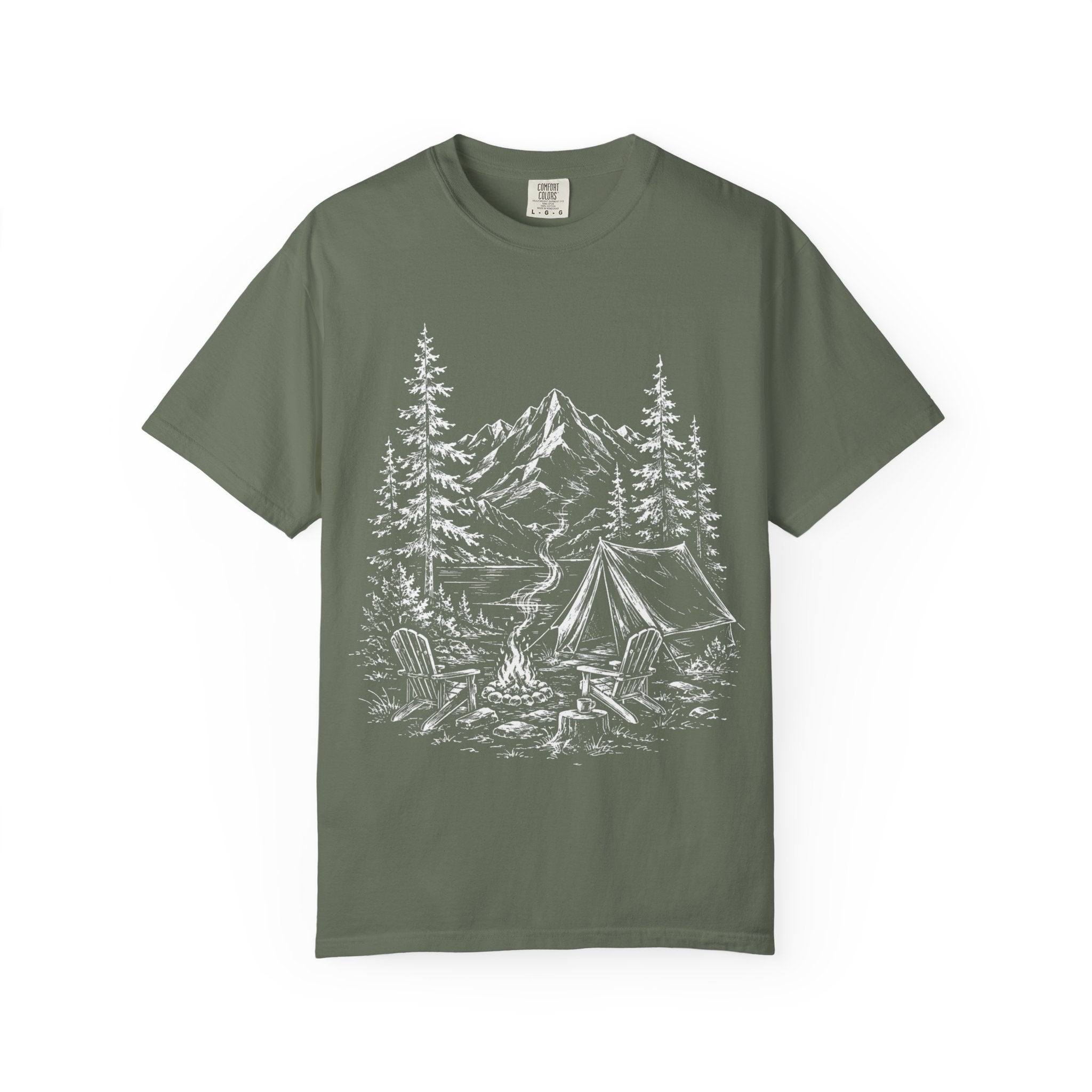Campsite Sketch — Vintage Mountain Camp Scene Outdoor Tee