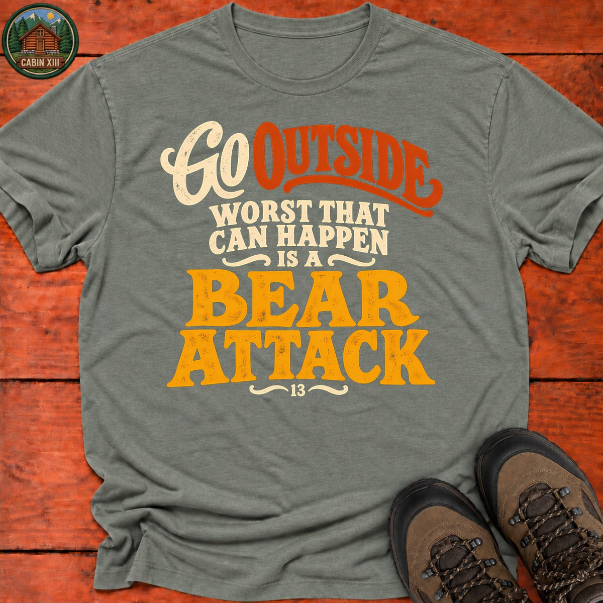 Go Outside Bear Attack T-Shirt — Heather Military Green