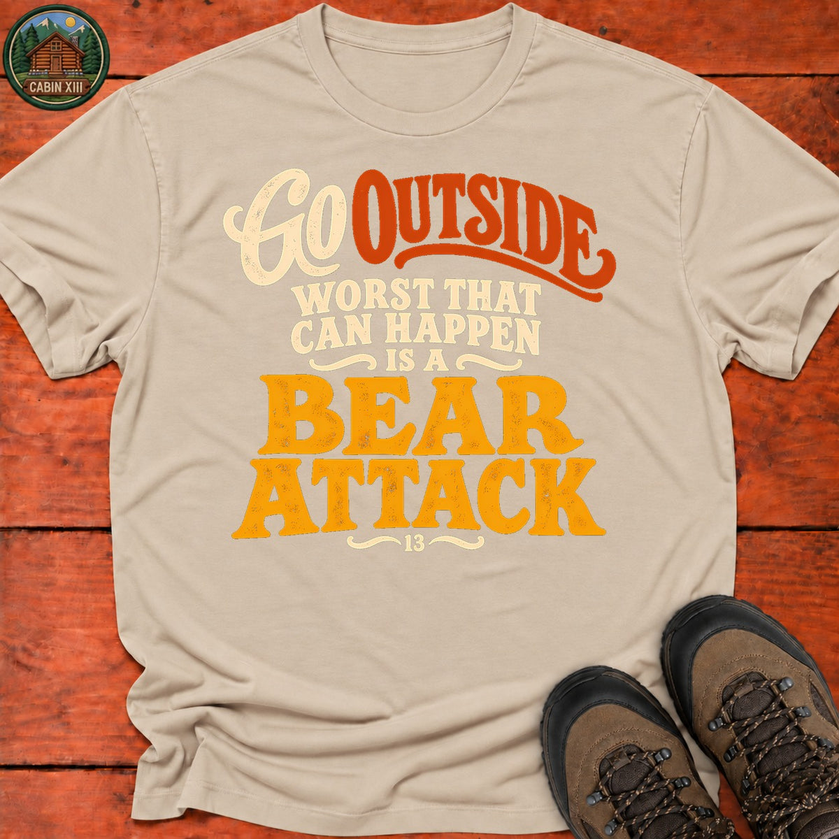 Go Outside Bear Attack T-Shirt — Sand