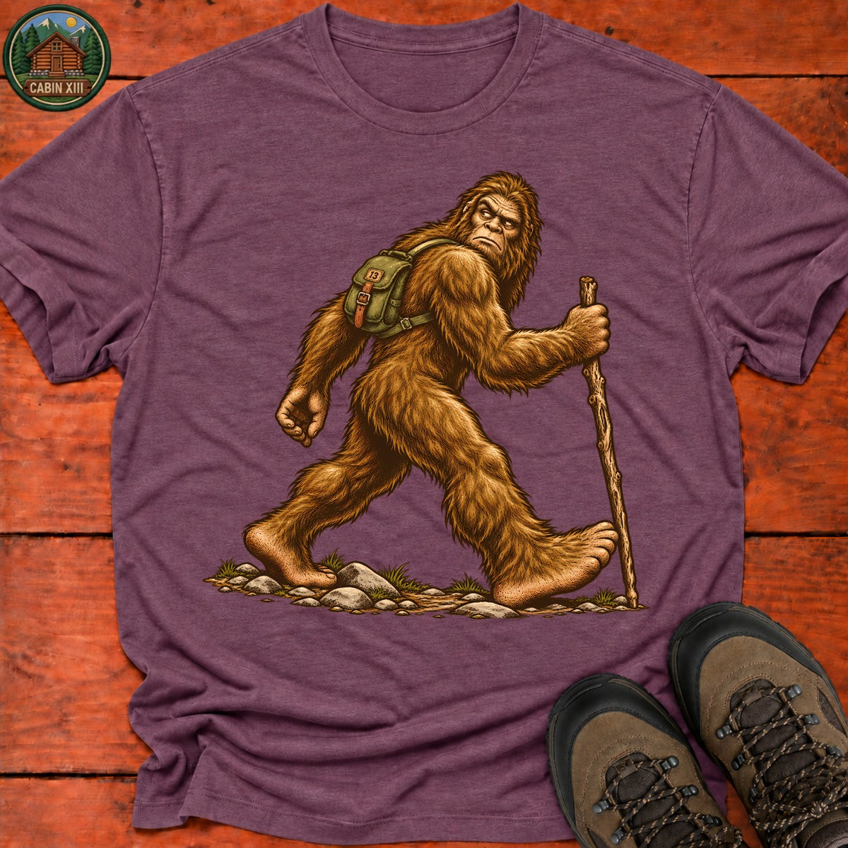 Bigfoot On A Hike T-Shirt — Heather Maroon