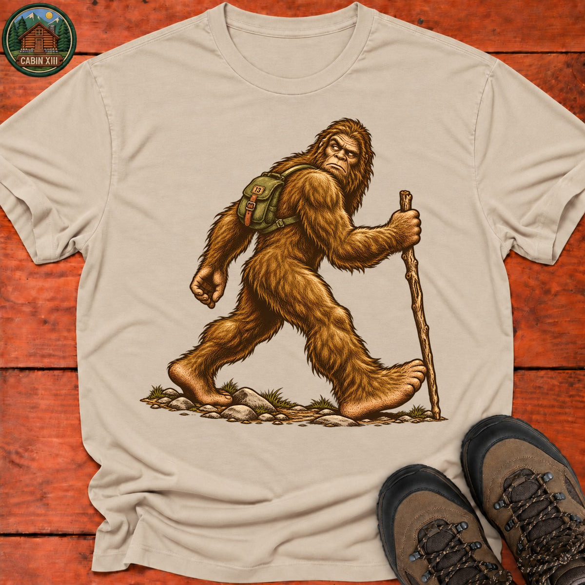 Bigfoot On A Hike T-Shirt — Sand