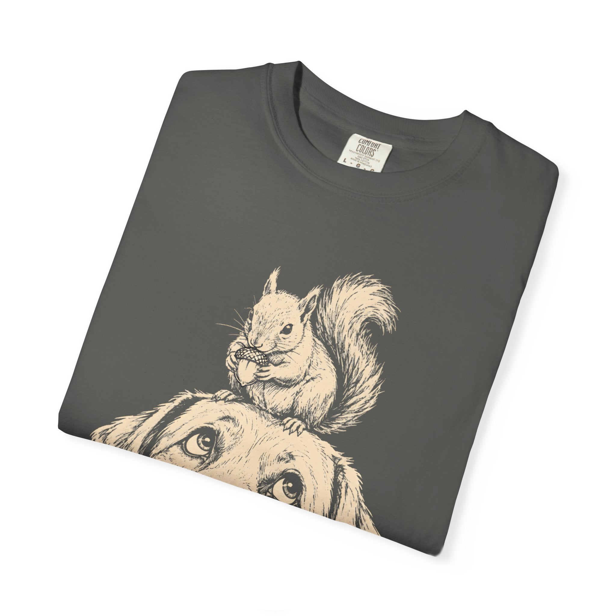 Dog and Squirrel — Vintage Sketch Outdoor Dog Tee