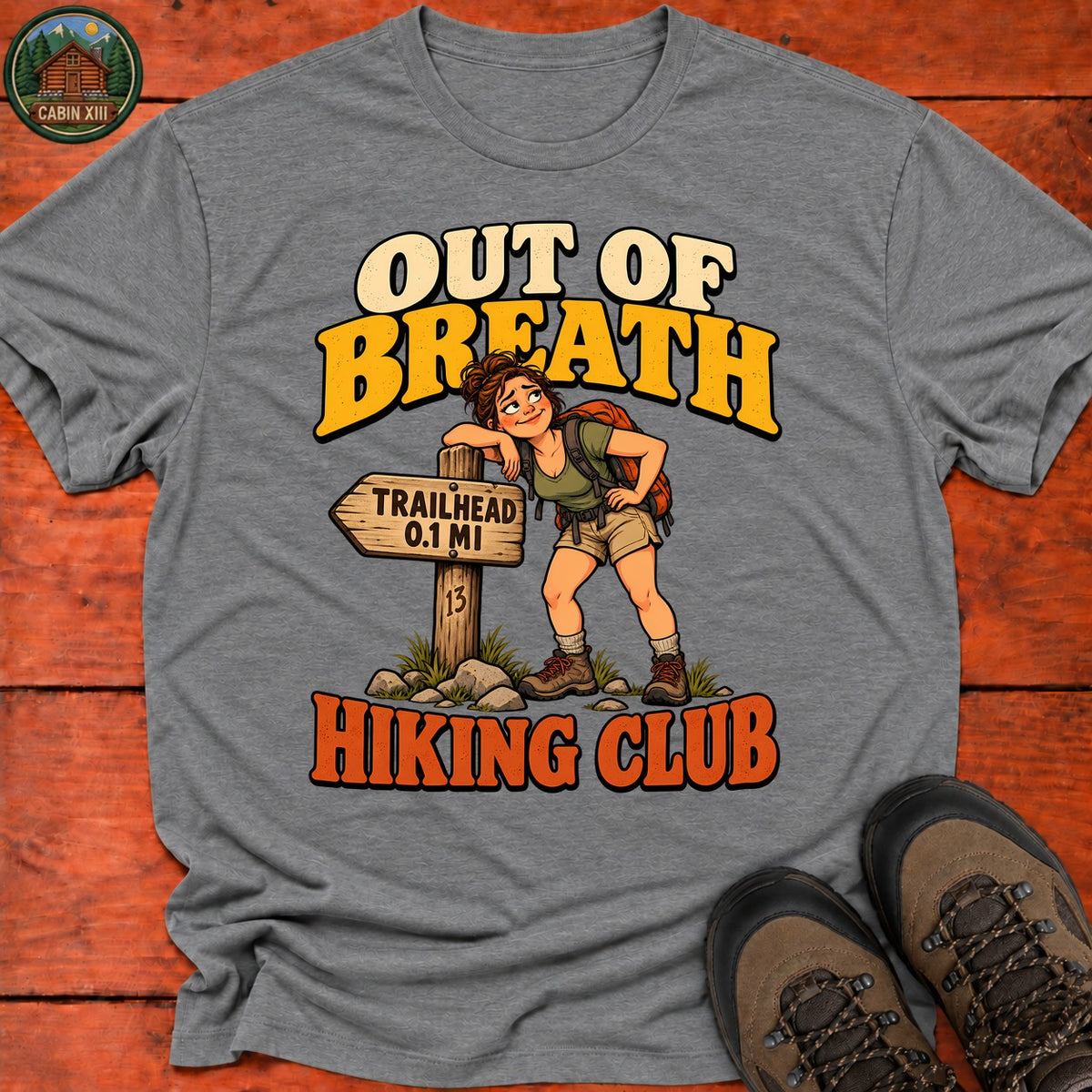 Out Of Breath Hiker Pin Up T-Shirt — Graphite Heather