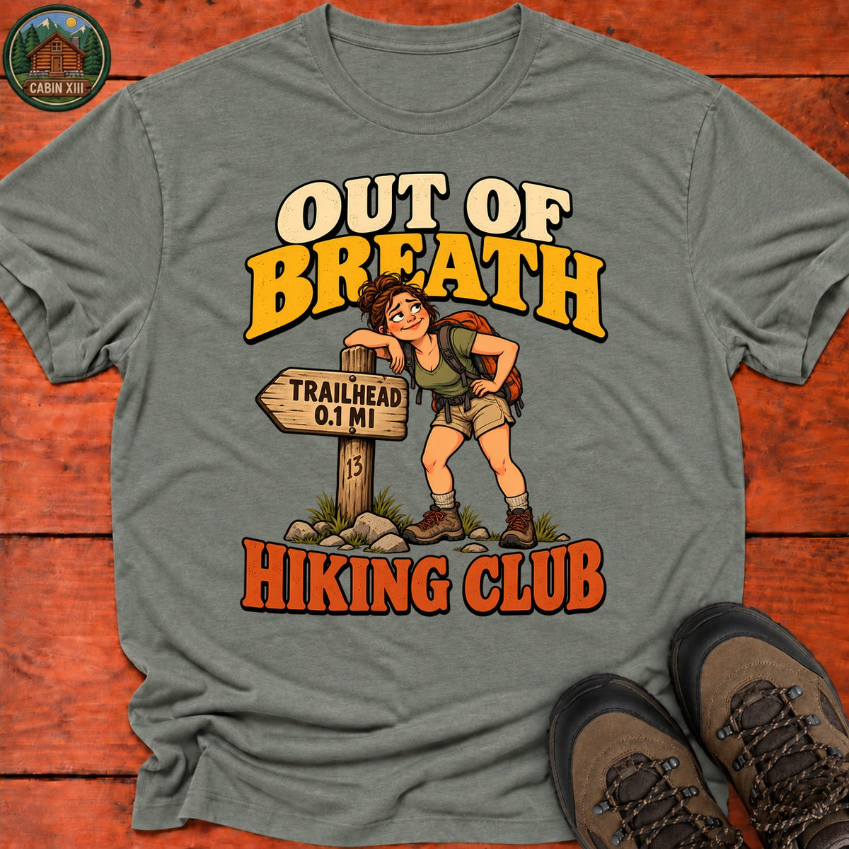 Out Of Breath Hiker Pin Up T-Shirt — Heather Military Green