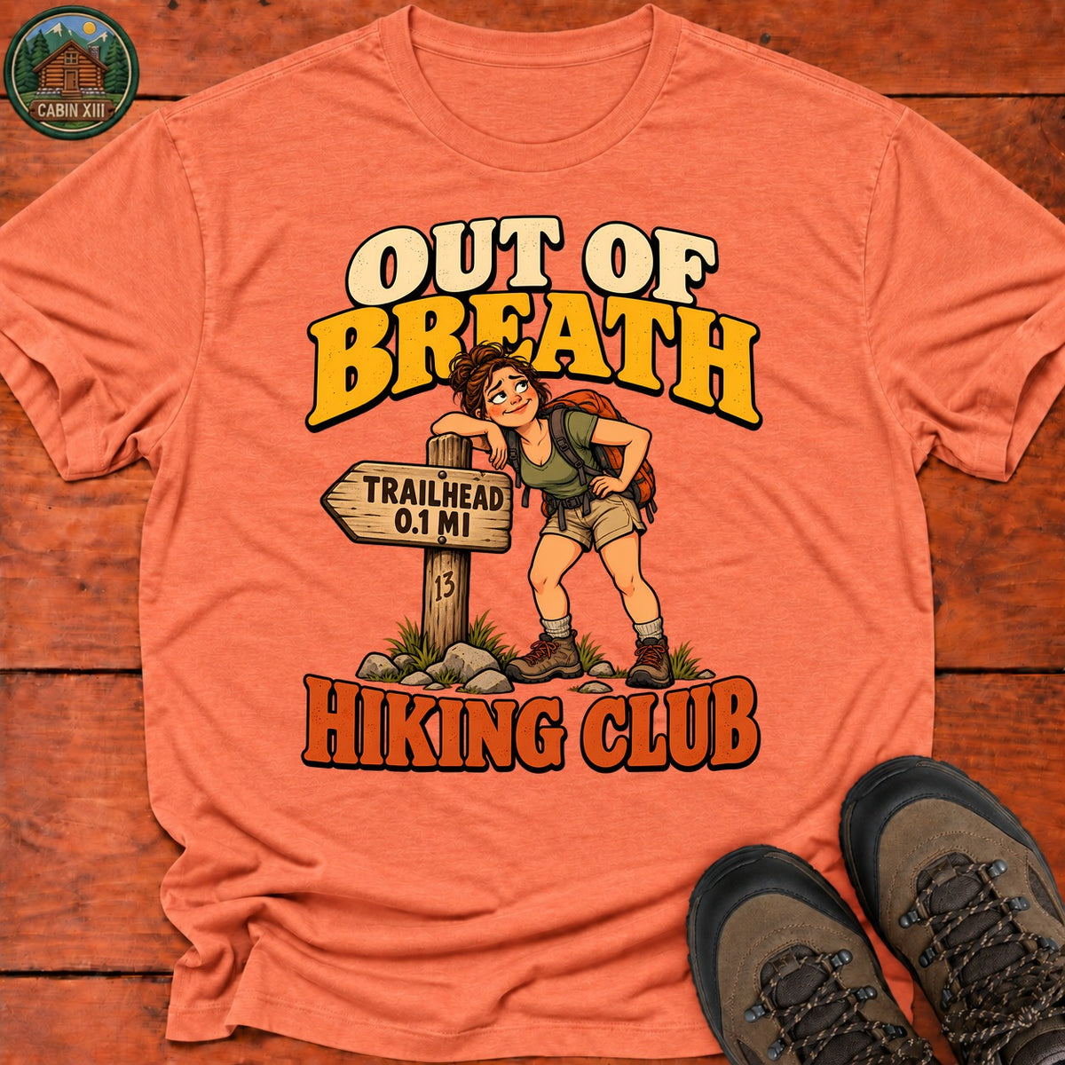 Out Of Breath Hiker Pin Up T-Shirt — Heather Orange