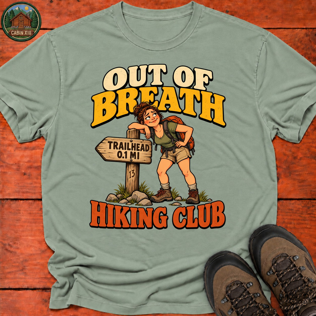 Out Of Breath Hiker Pin Up T-Shirt — Sage