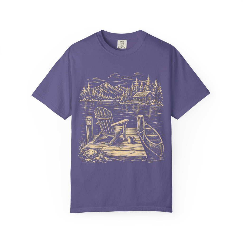 Lakeside Dock — Vintage Lake Cabin and Canoe Sketch Tee