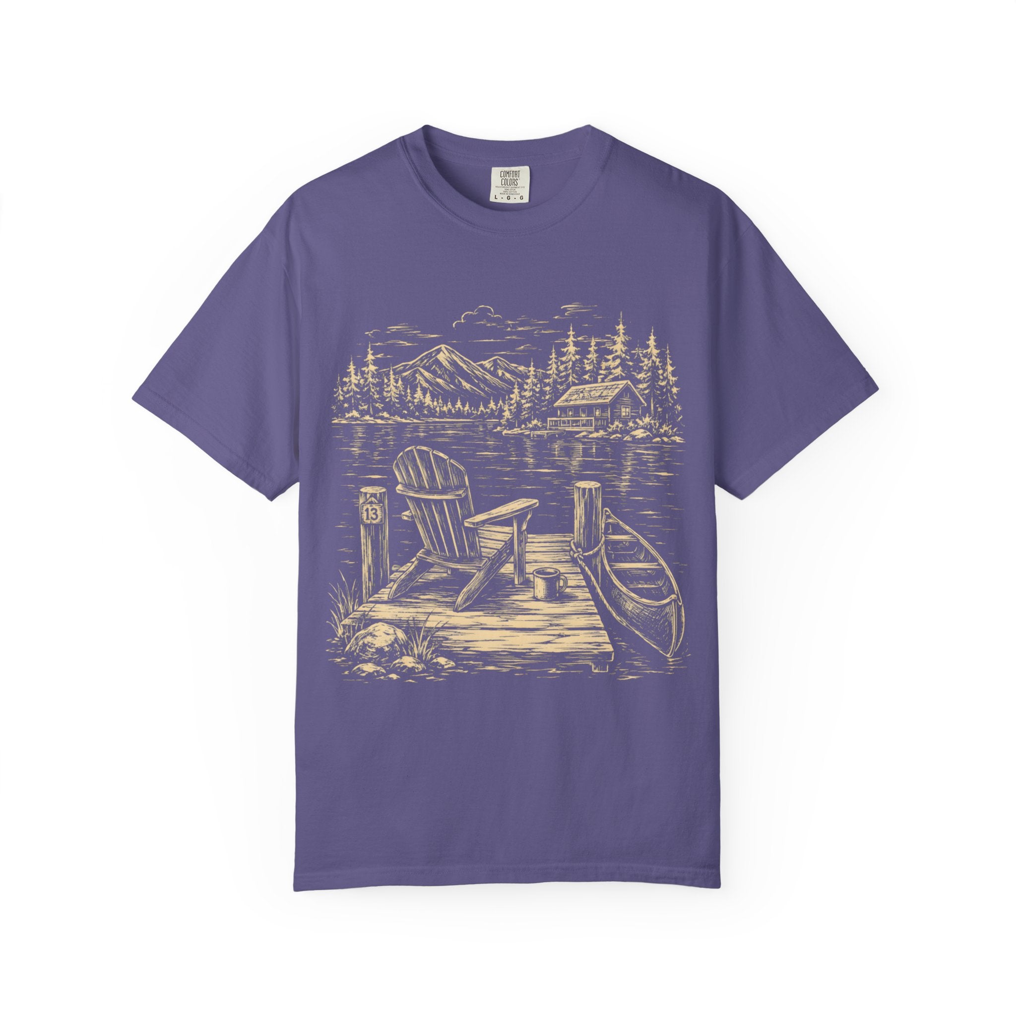 Lakeside Dock — Vintage Lake Cabin and Canoe Sketch Tee