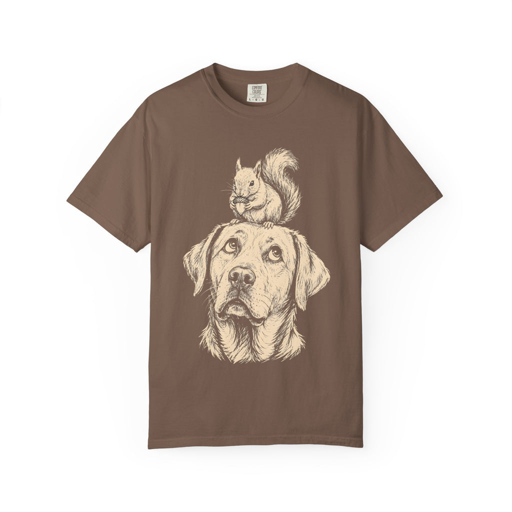 Dog and Squirrel — Vintage Sketch Outdoor Dog Tee