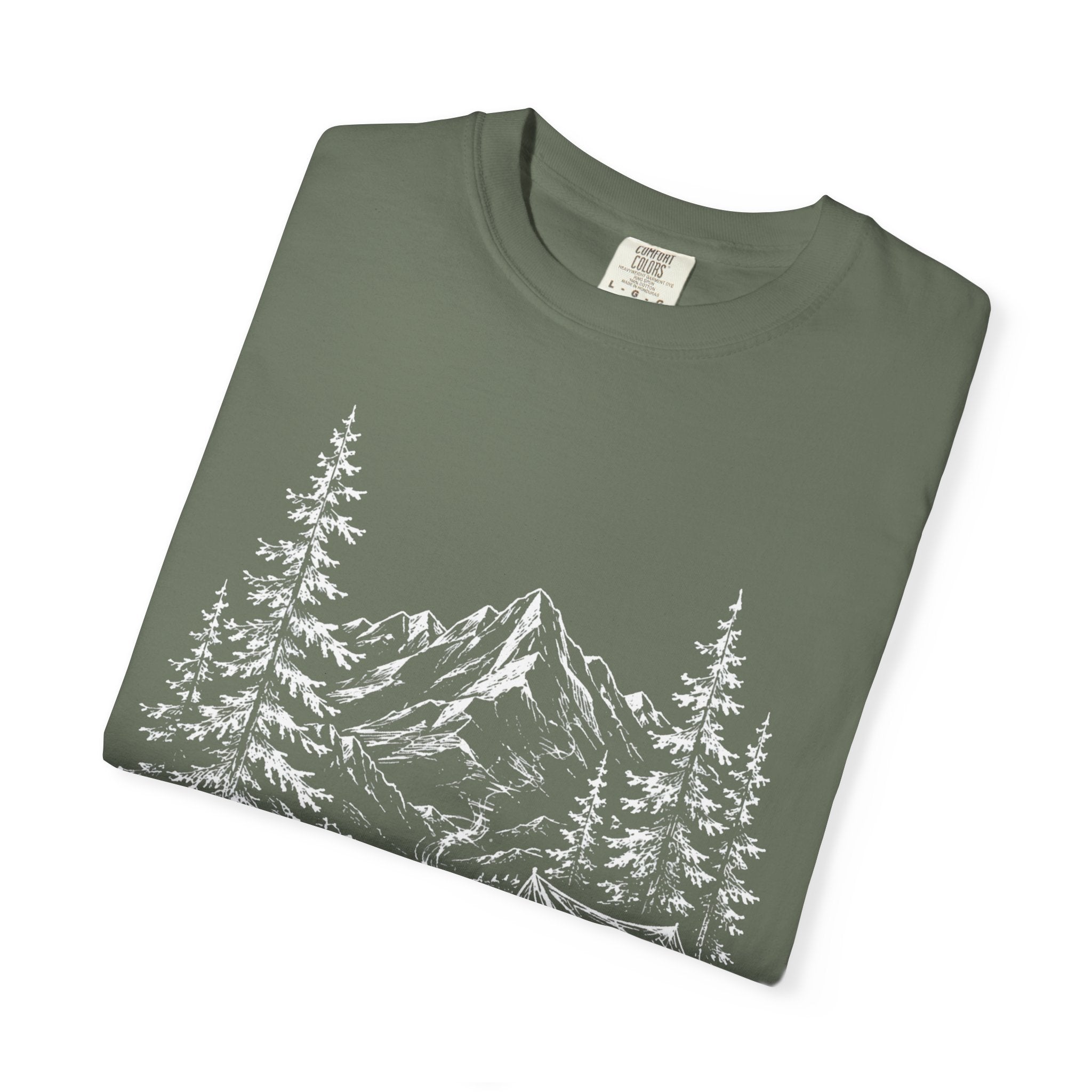 Campsite Sketch — Vintage Mountain Camp Scene Outdoor Tee