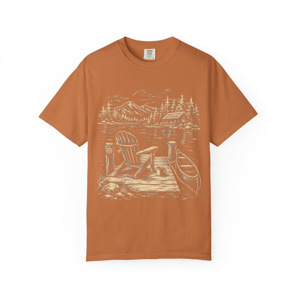 Lakeside Dock — Vintage Lake Cabin and Canoe Sketch Tee