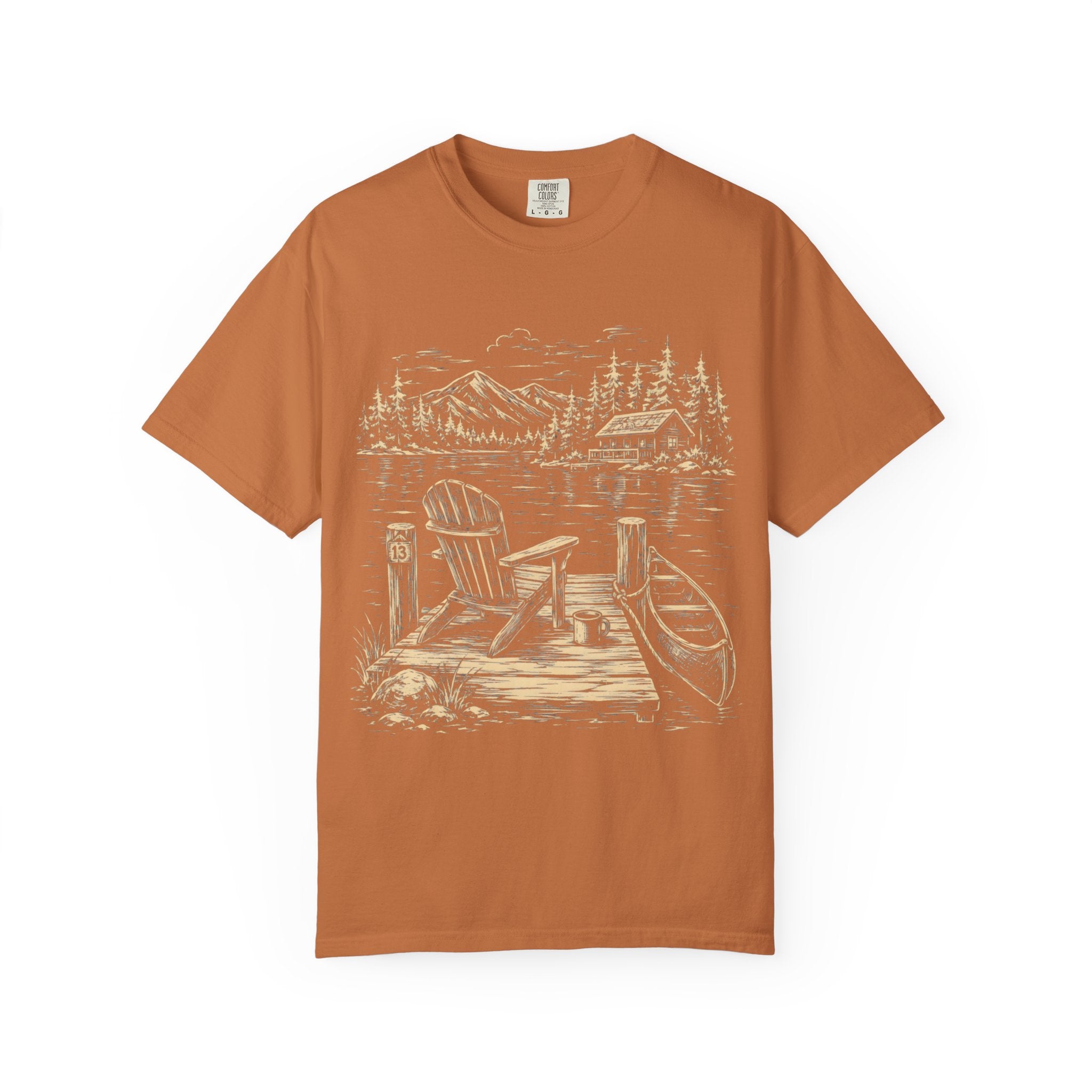 Lakeside Dock — Vintage Lake Cabin and Canoe Sketch Tee