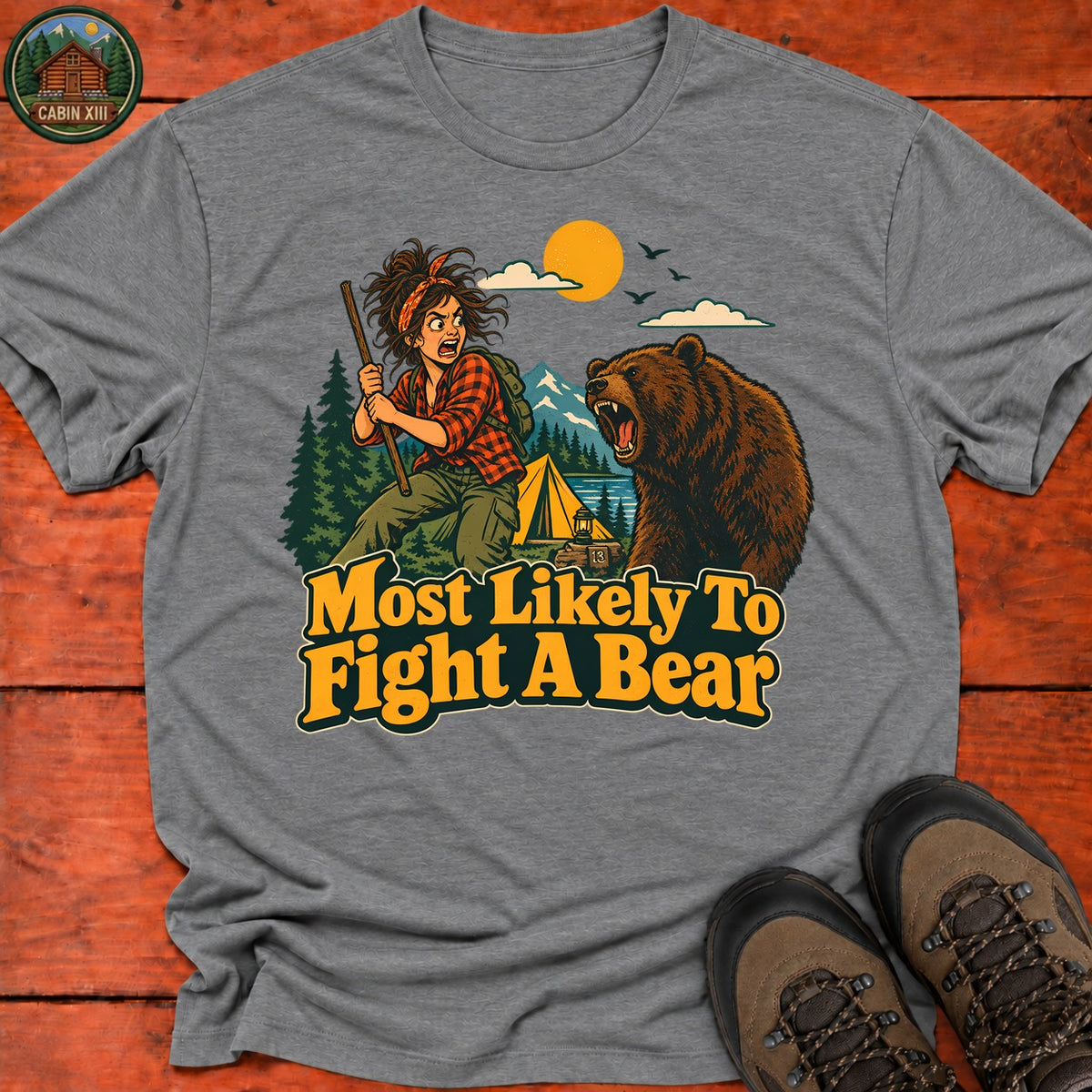 Most Likely To Fight A Bear Badge T-Shirt — Graphite Heather
