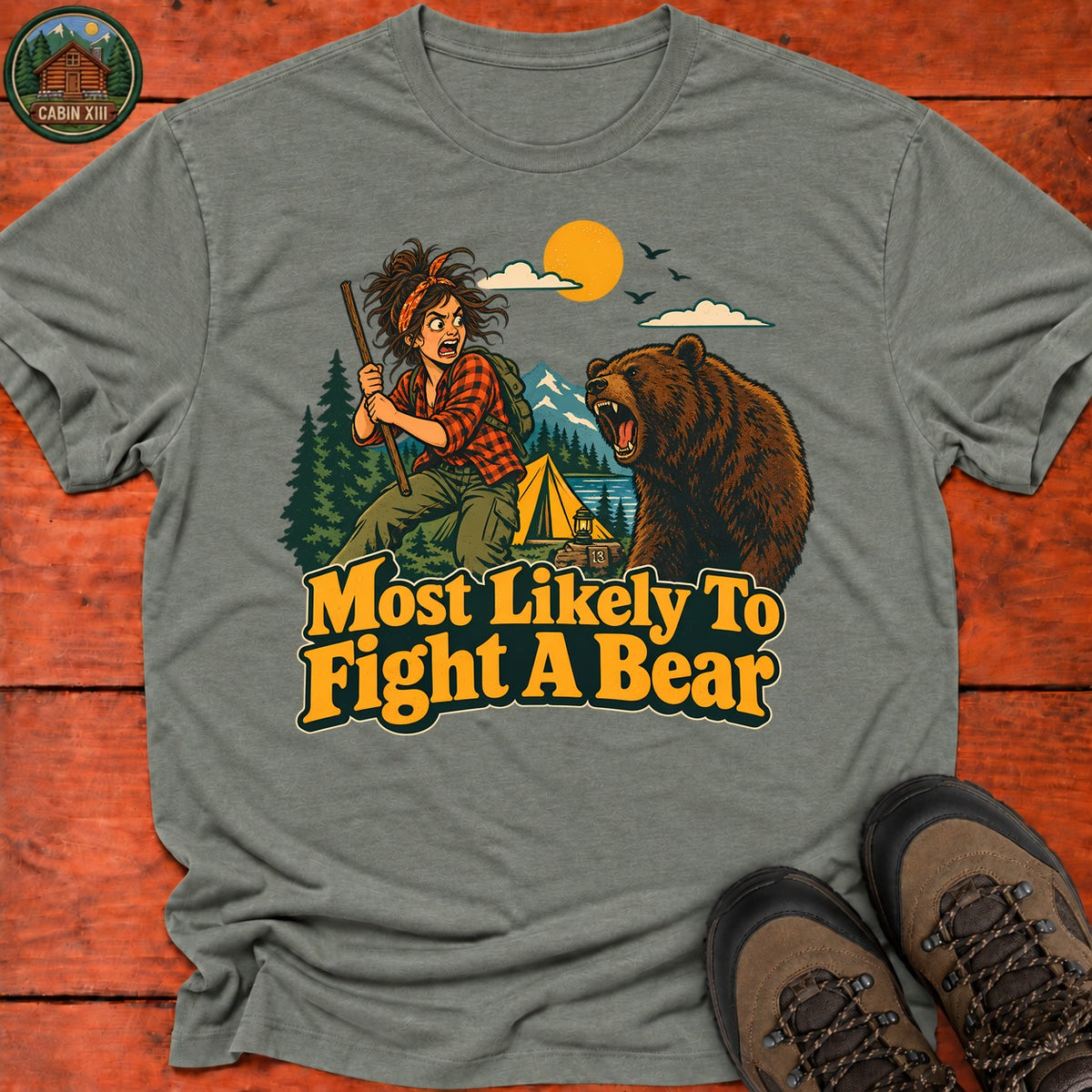 Most Likely To Fight A Bear Badge T-Shirt — Heather Military Green