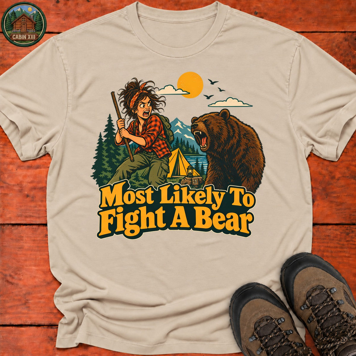 Most Likely To Fight A Bear Badge T-Shirt — Sand
