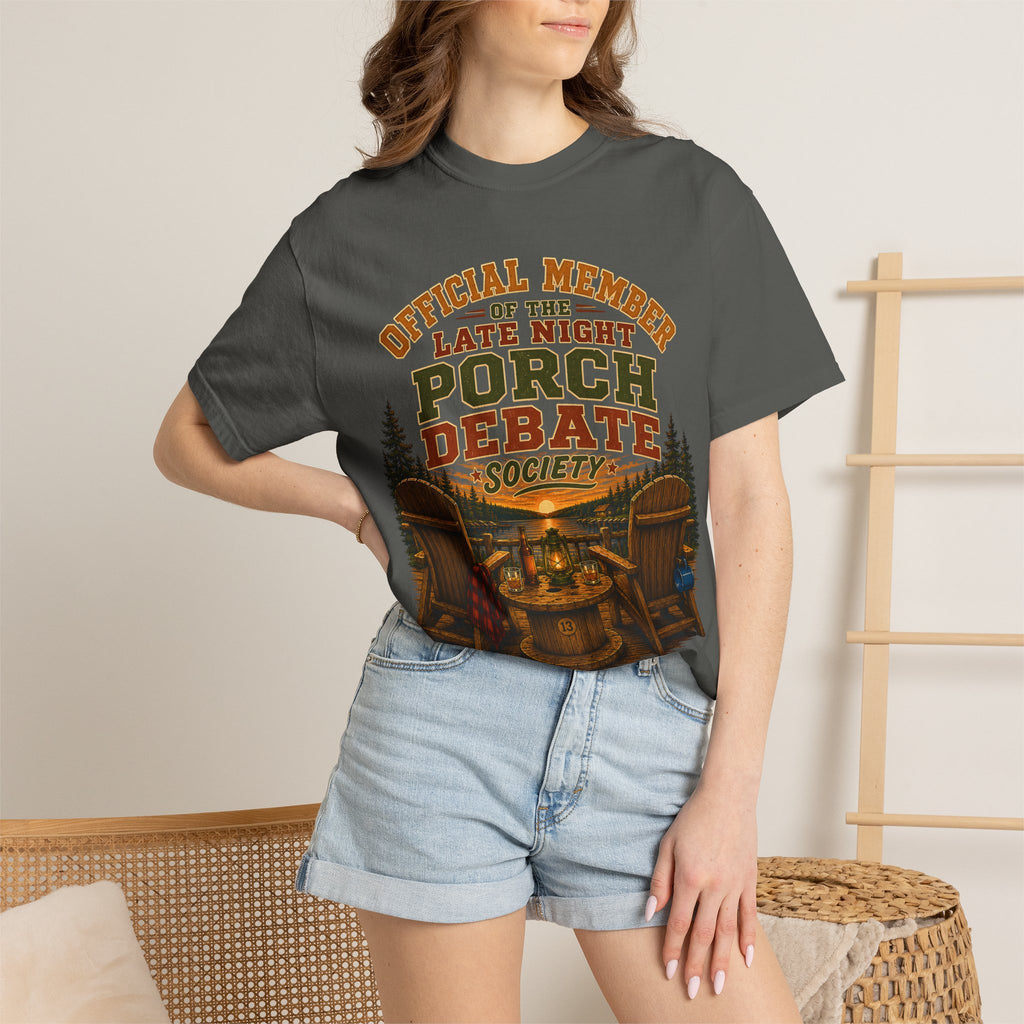 Late Night Porch Debate Society — Funny Lake Cabin Camping Tee