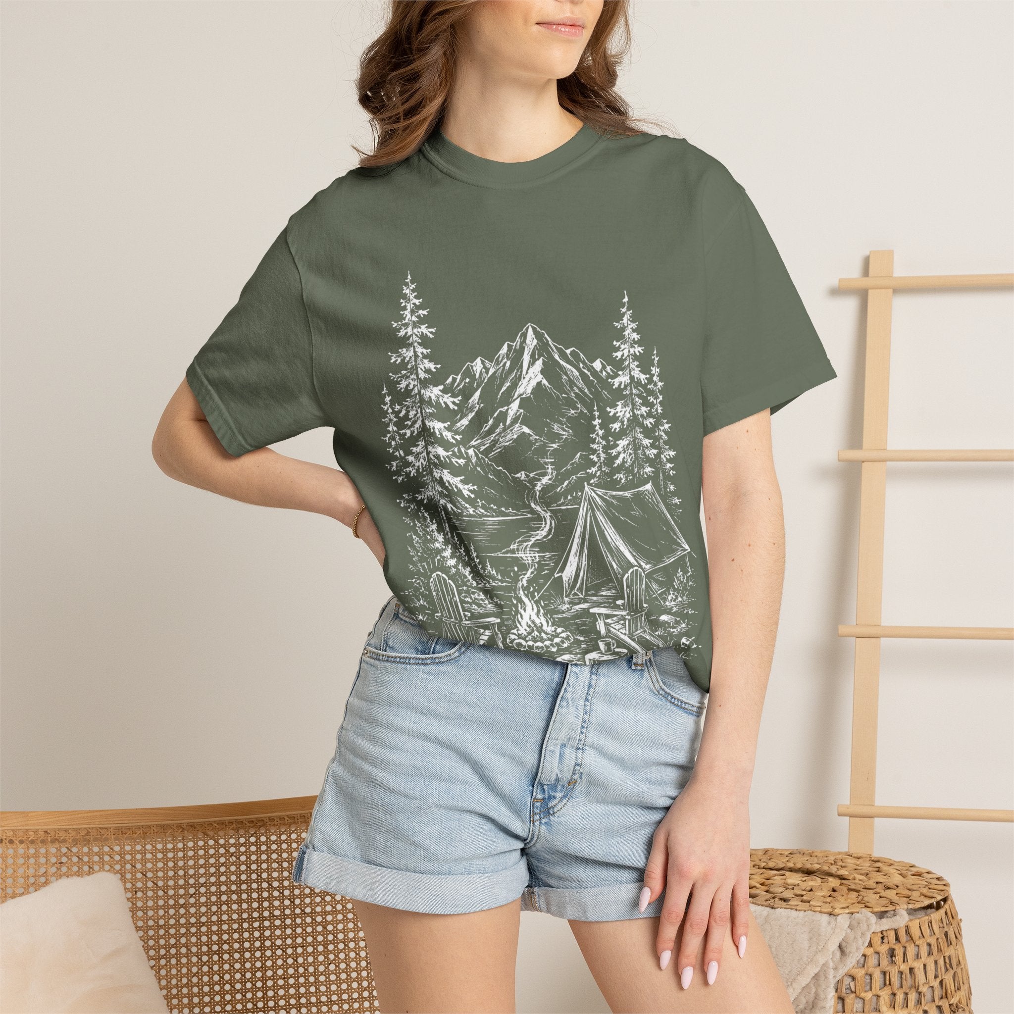Campsite Sketch — Vintage Mountain Camp Scene Outdoor Tee