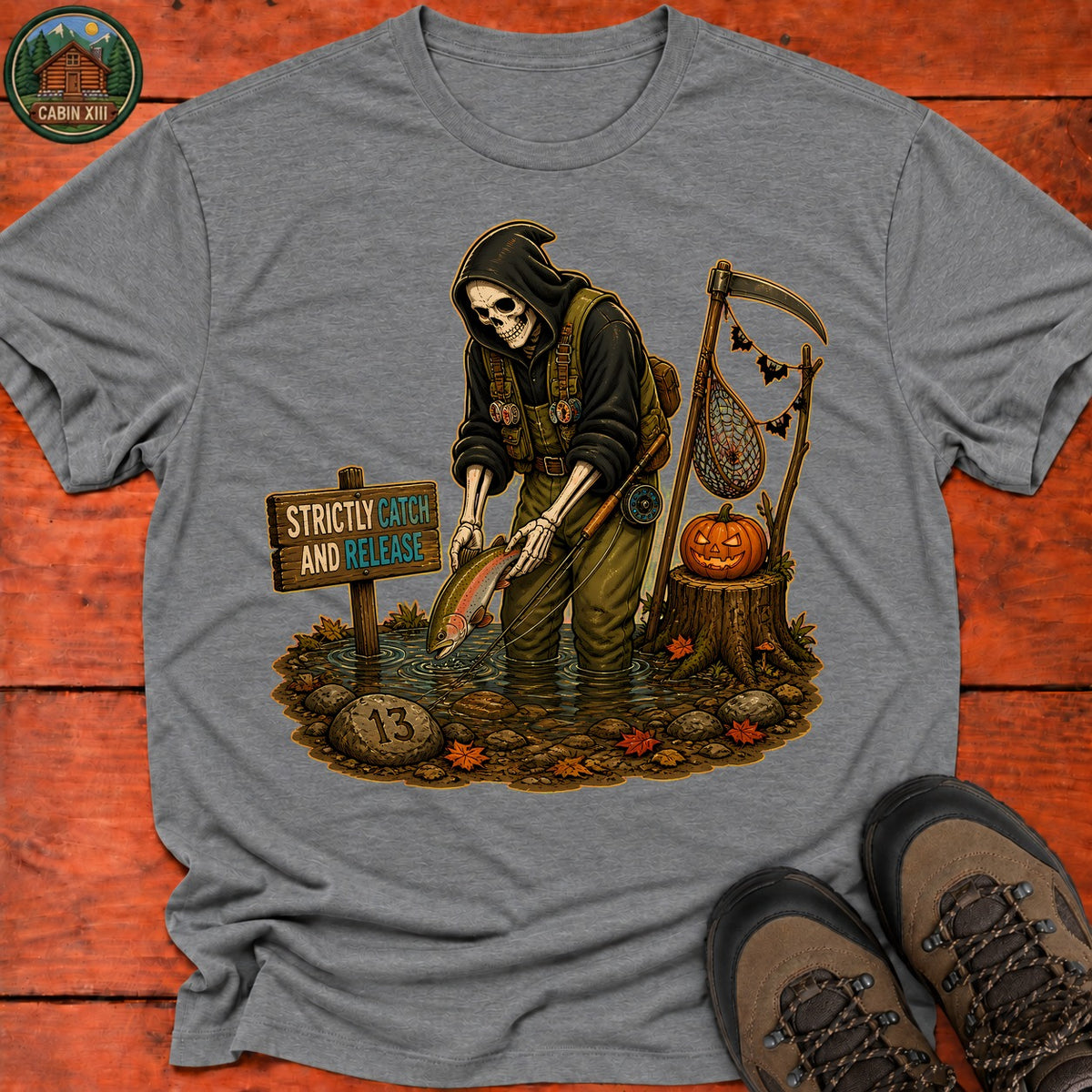 Grim Reaper Fishing Halloween T-Shirt — Graphite Heather