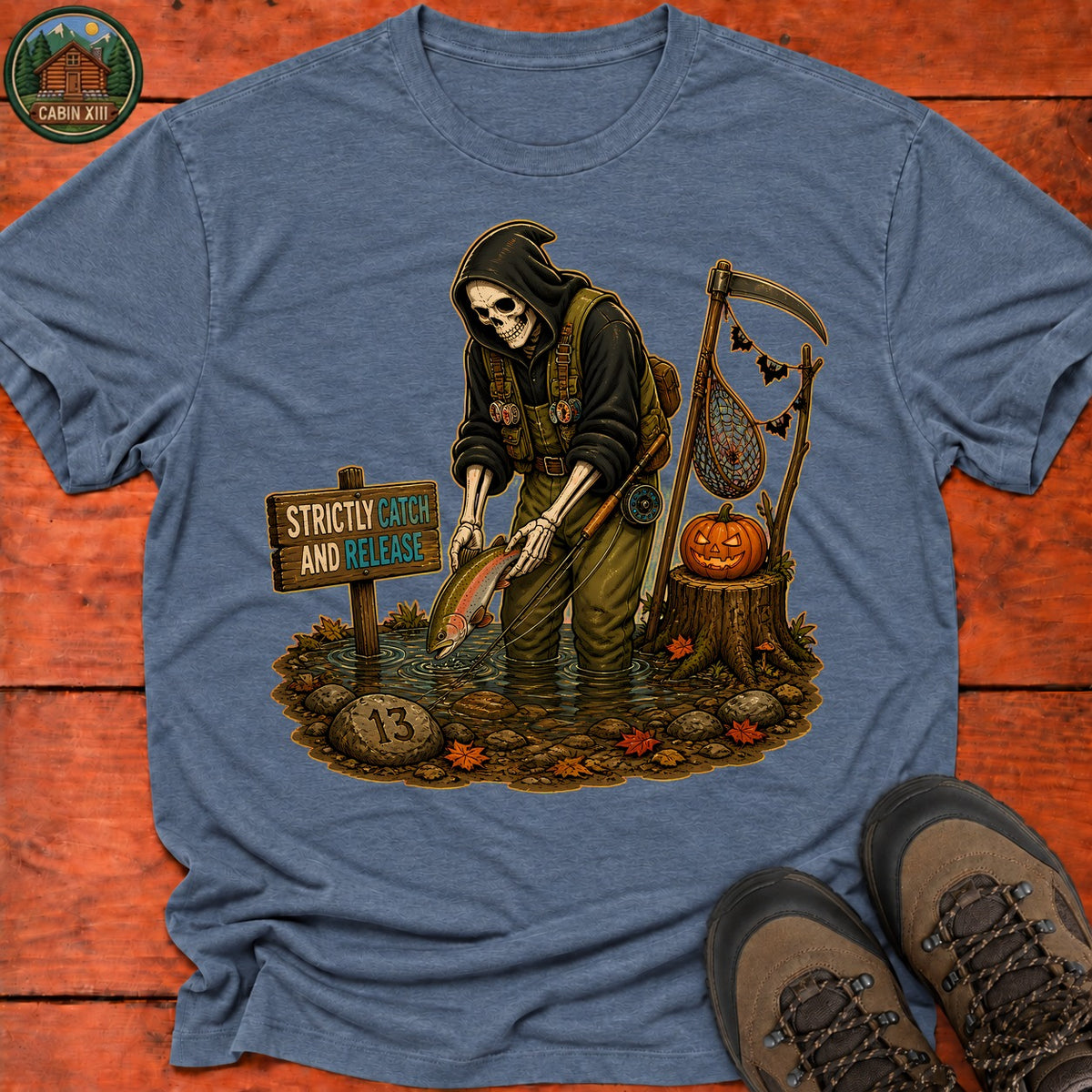 Grim Reaper Fishing Halloween T-Shirt — Heather Indigo