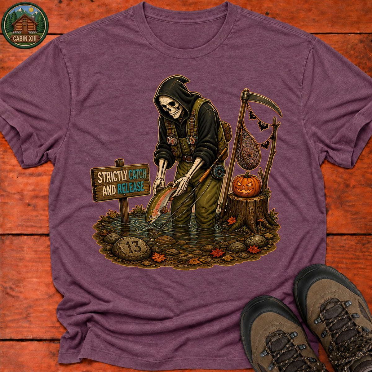 Grim Reaper Fishing Halloween T-Shirt — Heather Maroon
