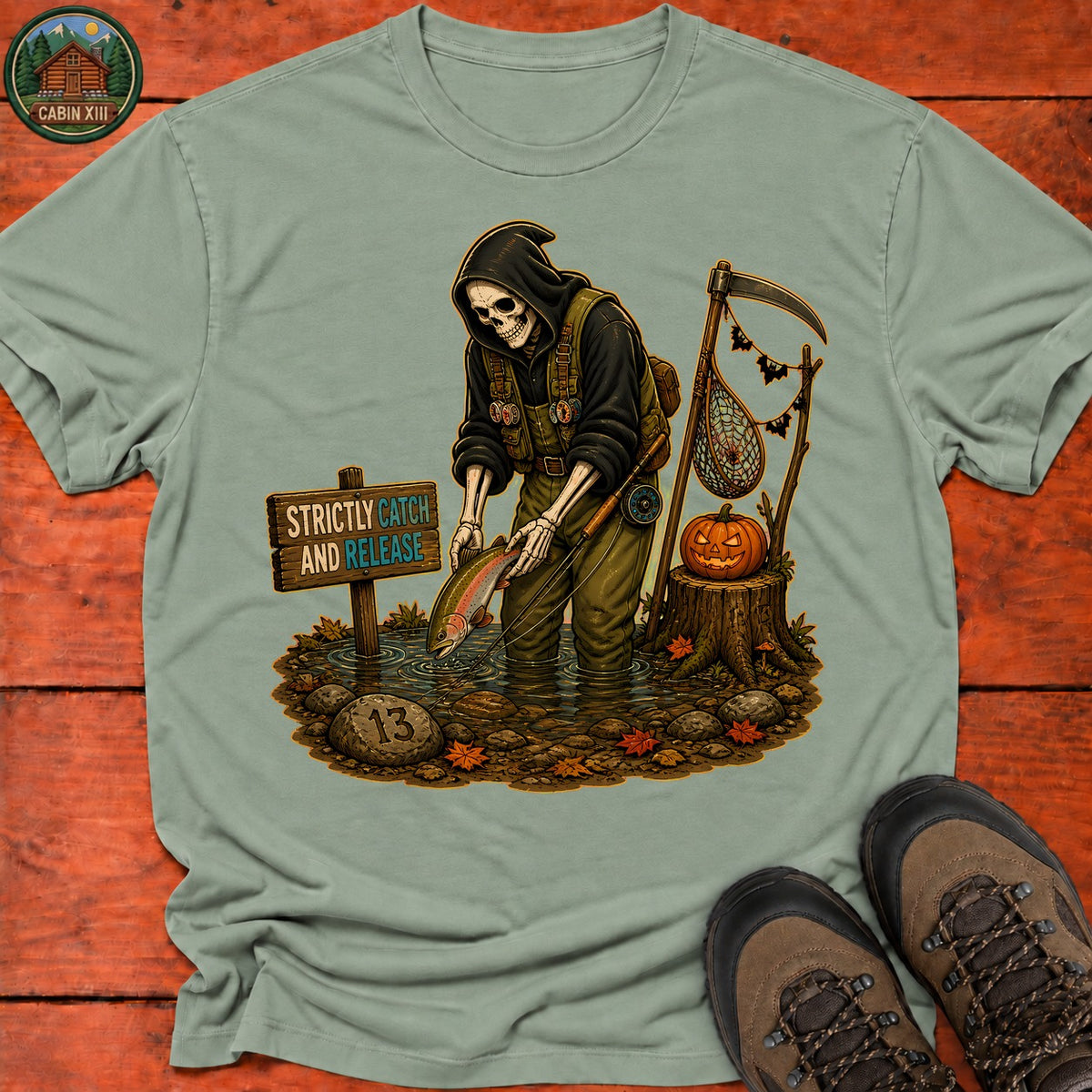 Grim Reaper Fishing Halloween T-Shirt — Sage