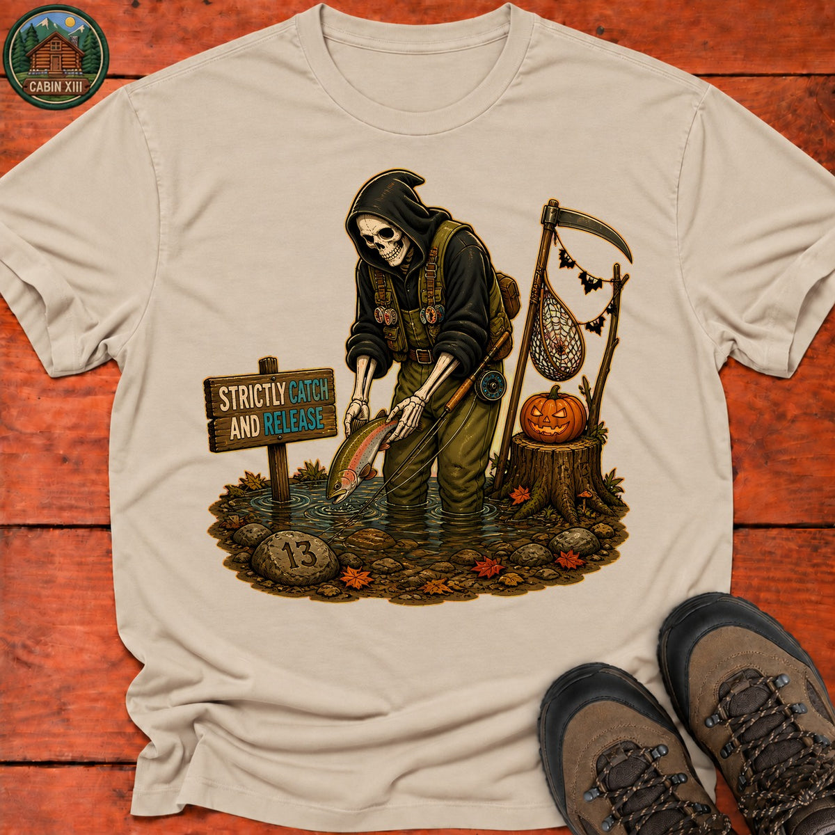Grim Reaper Fishing Halloween T-Shirt — Sand