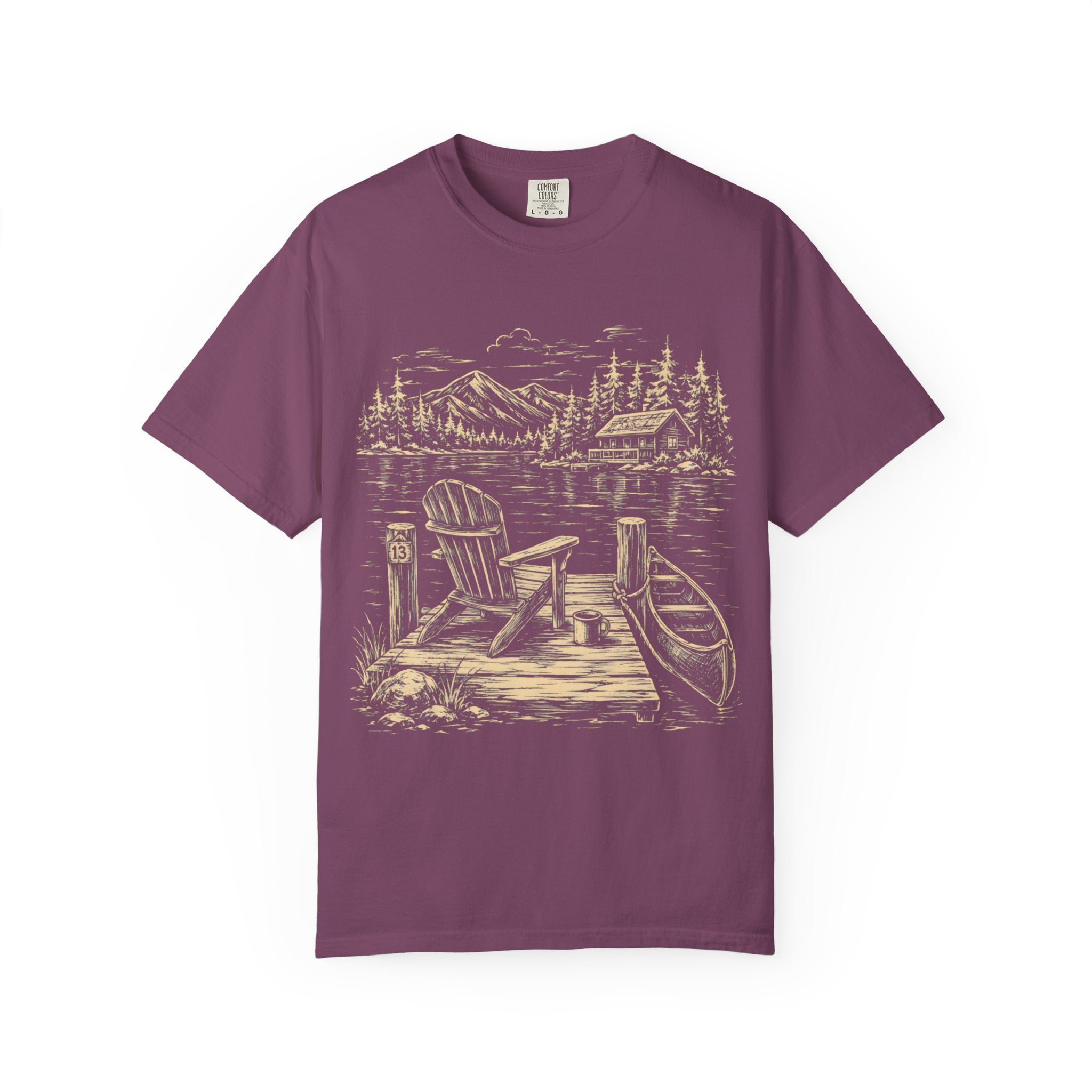 Lakeside Dock — Vintage Lake Cabin and Canoe Sketch Tee