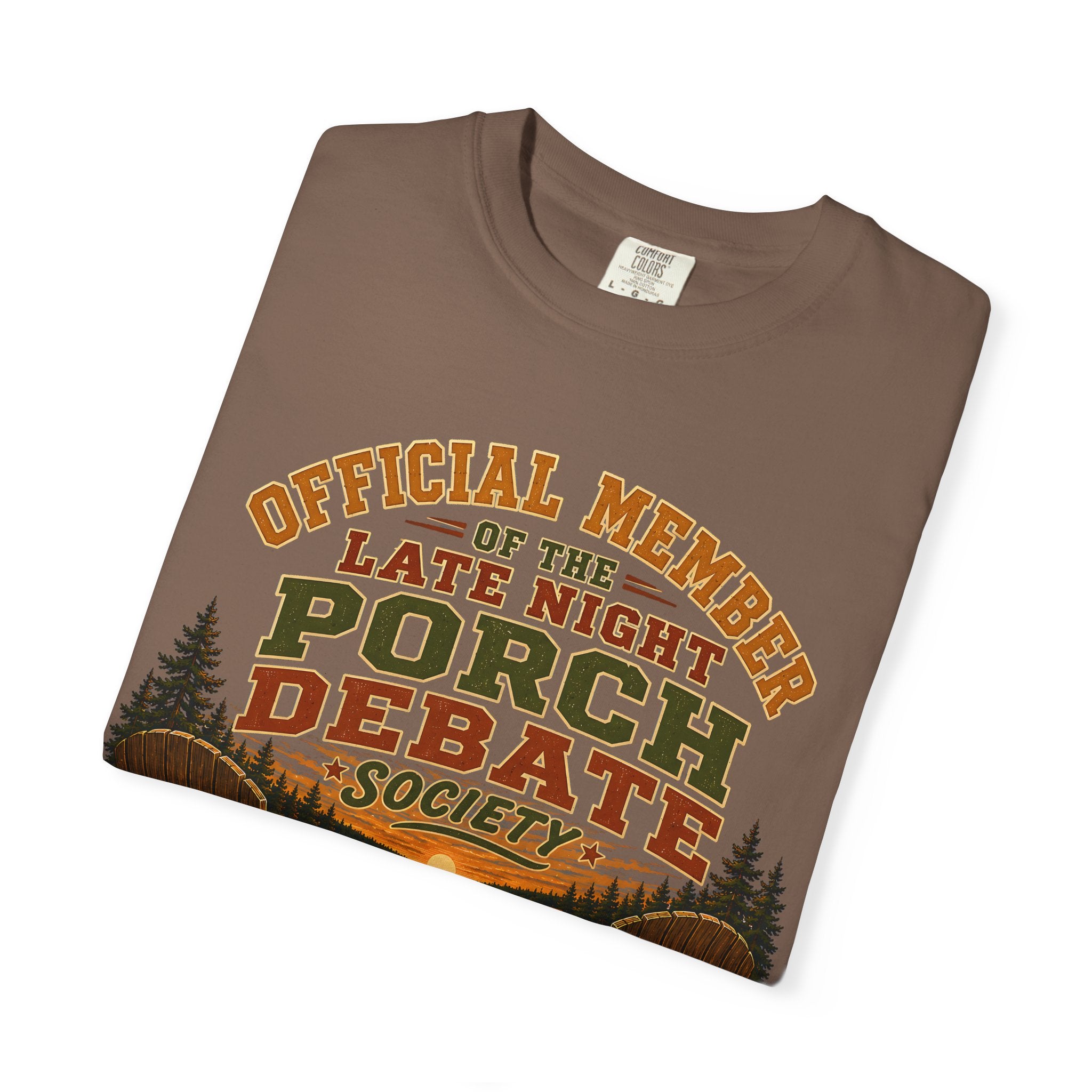 Late Night Porch Debate Society — Funny Lake Cabin Camping Tee
