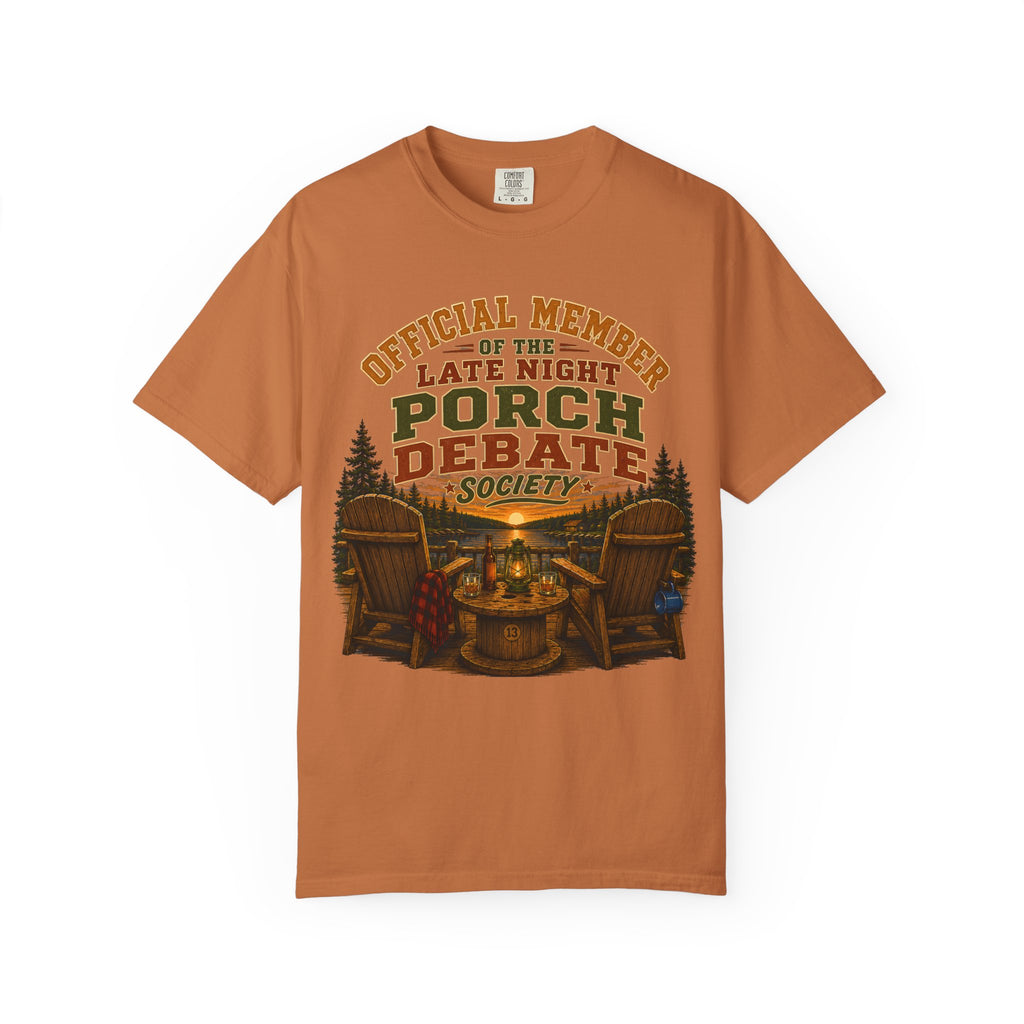Late Night Porch Debate Society — Funny Lake Cabin Camping Tee