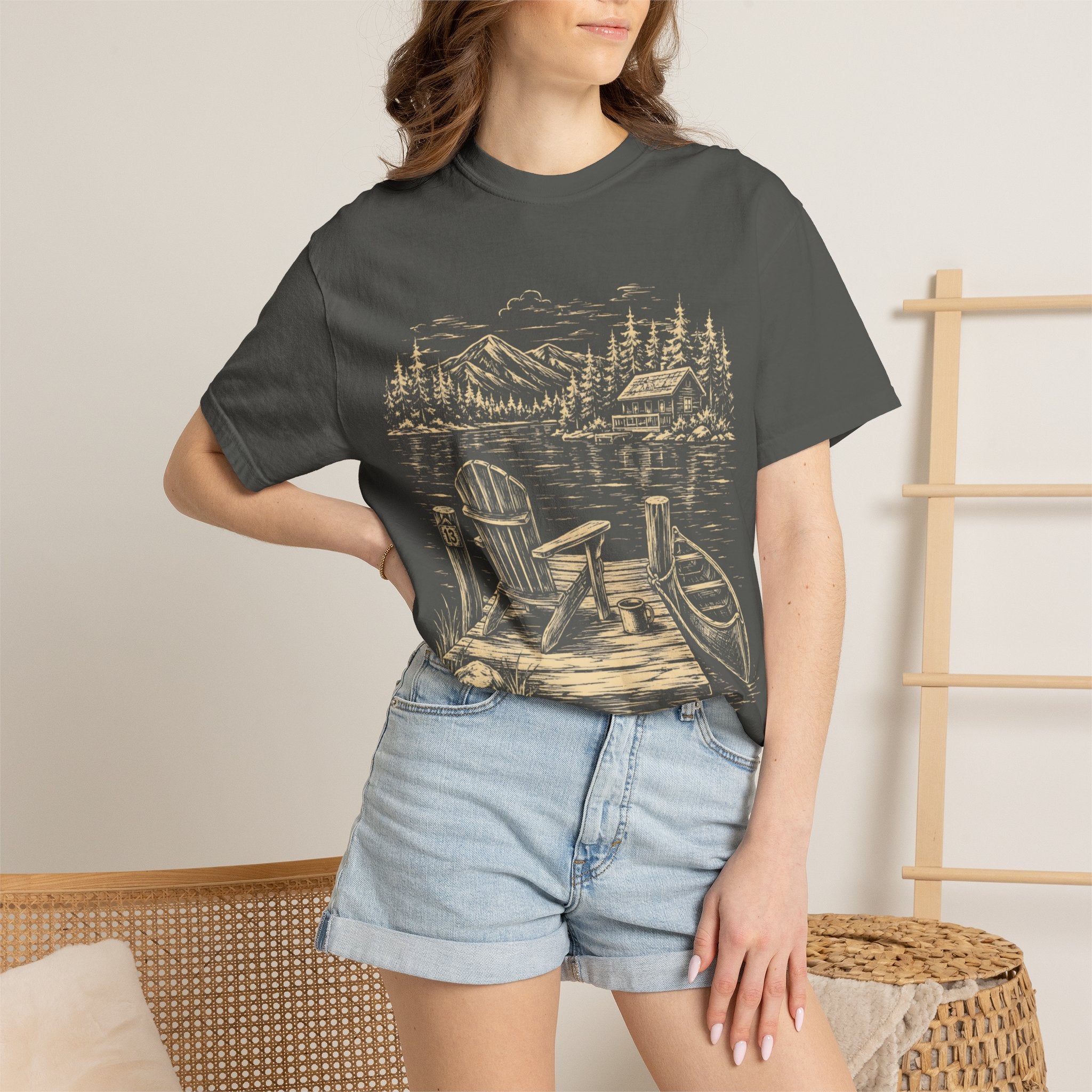Lakeside Dock — Vintage Lake Cabin and Canoe Sketch Tee