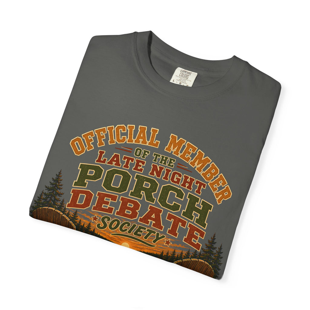 Late Night Porch Debate Society — Funny Lake Cabin Camping Tee