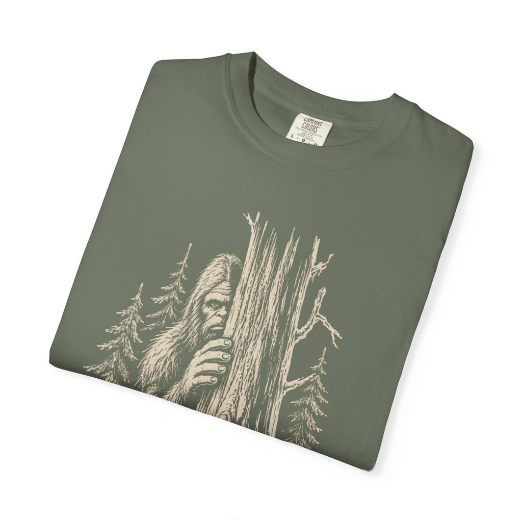 Bigfoot Hiding — Vintage Sasquatch Forest Sketch Tee
