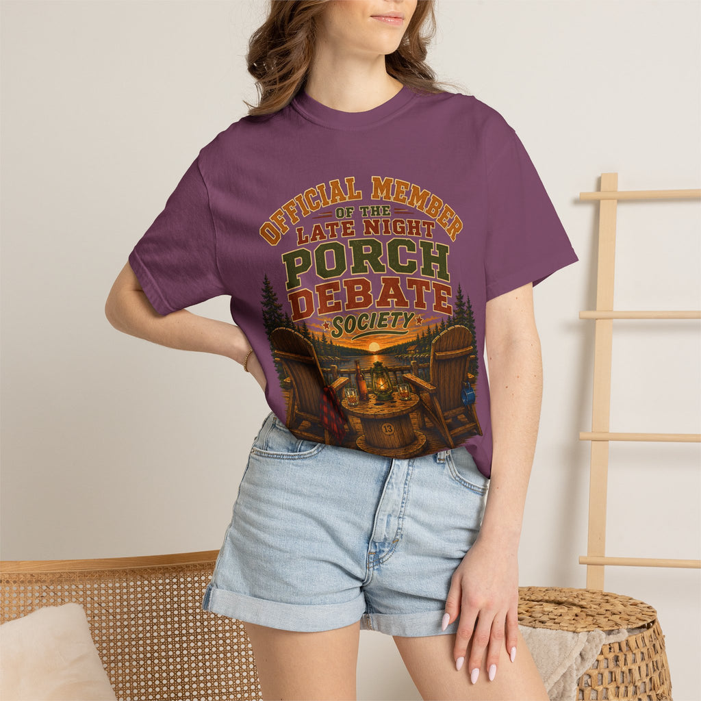 Late Night Porch Debate Society — Funny Lake Cabin Camping Tee