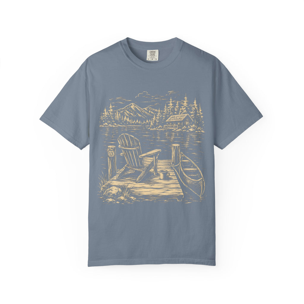 Lakeside Dock — Vintage Lake Cabin and Canoe Sketch Tee