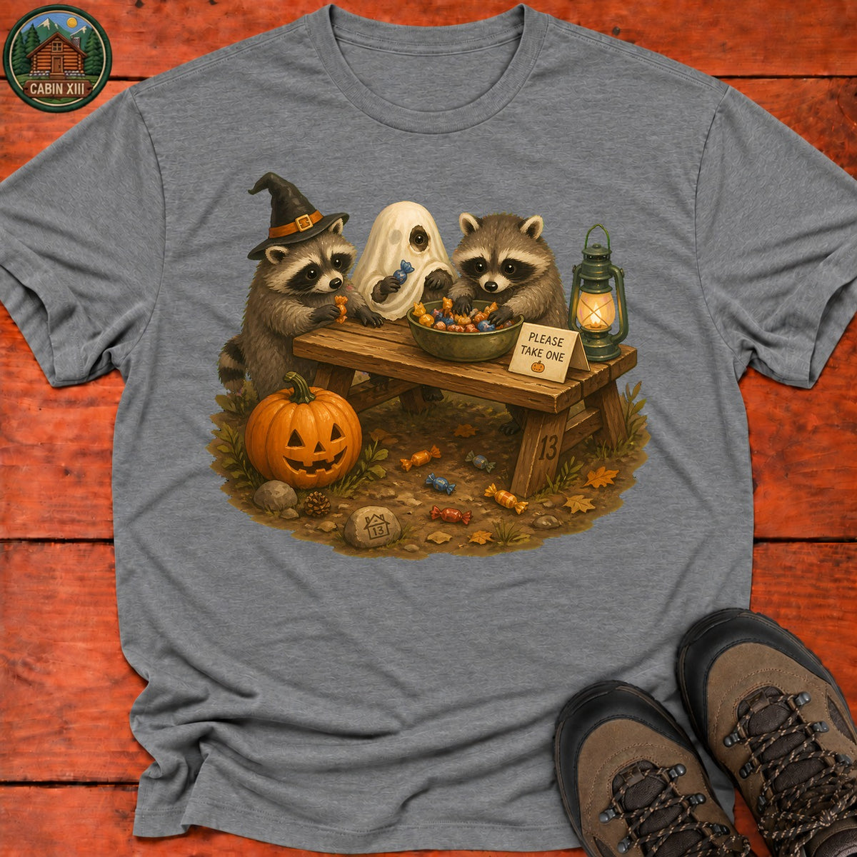 Raccoon Trick Or Treat T-Shirt — Graphite Heather