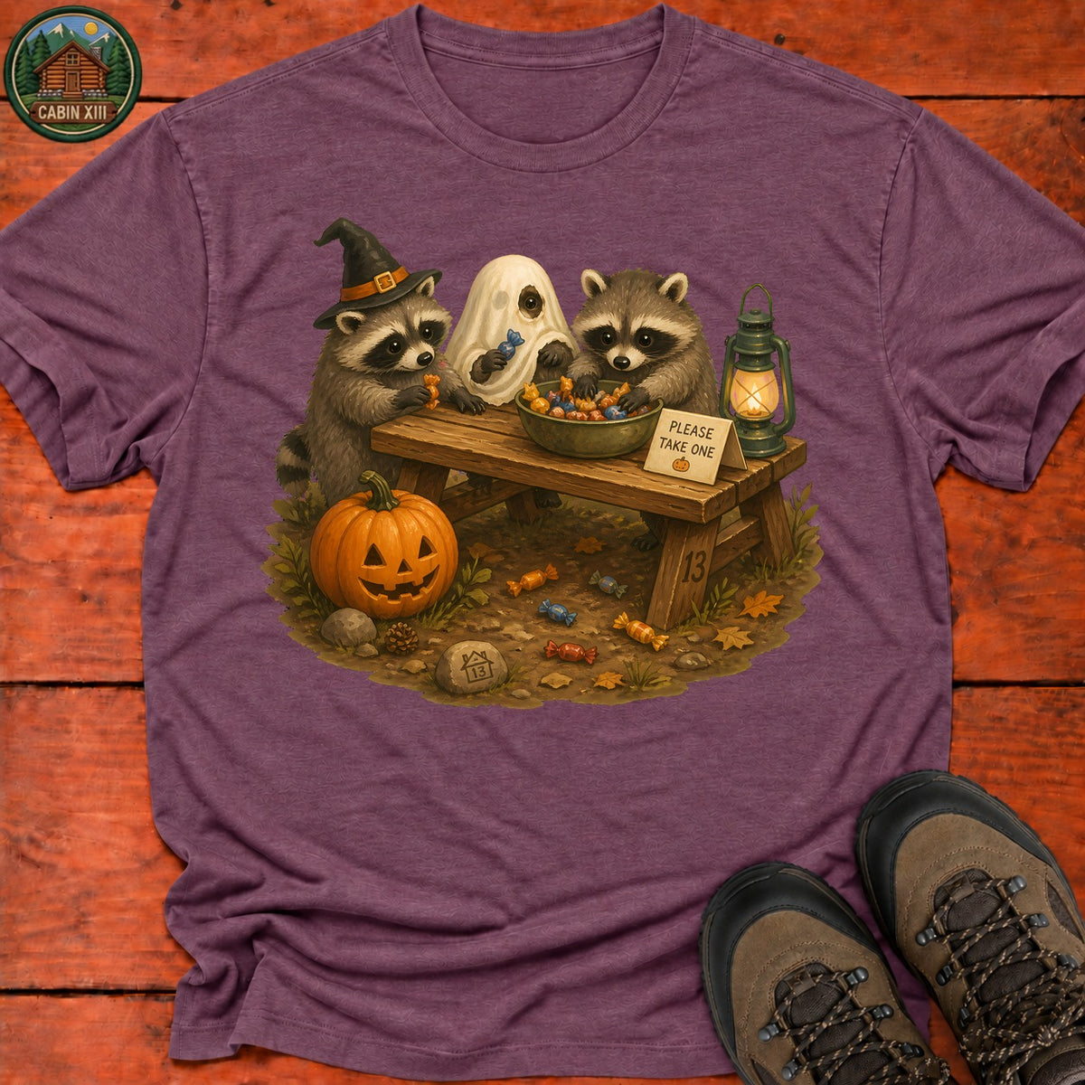 Raccoon Trick Or Treat T-Shirt — Heather Maroon