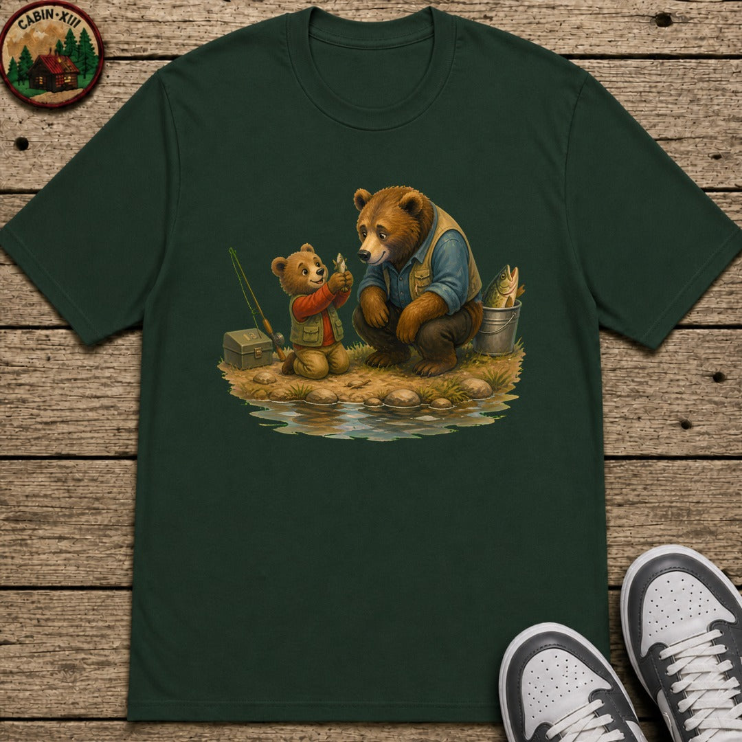 Bear Cub Fishing Kids T-Shirt - Forest Green