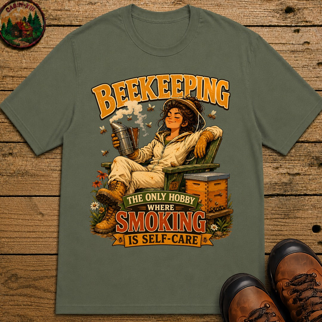 Beekeeping The Only Hobby Where Smoking Is Self Care Tee - Moss