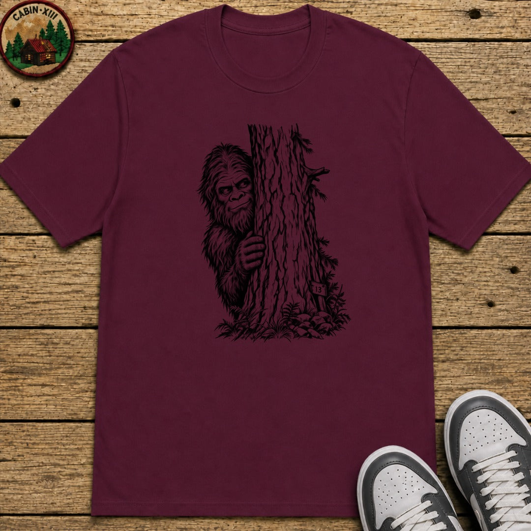 Bigfoot Hiding Sketch Kids T-Shirt - Maroon