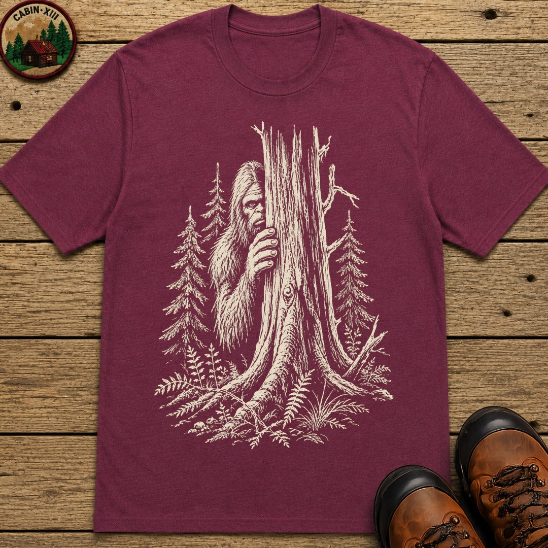 Bigfoot Hiding — Vintage Sasquatch Forest Sketch Tee - Berry