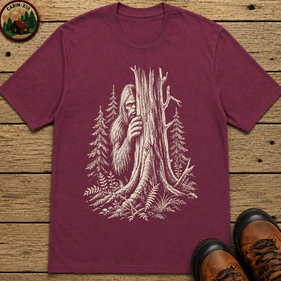 Bigfoot Hiding — Vintage Sasquatch Forest Sketch Tee - Berry