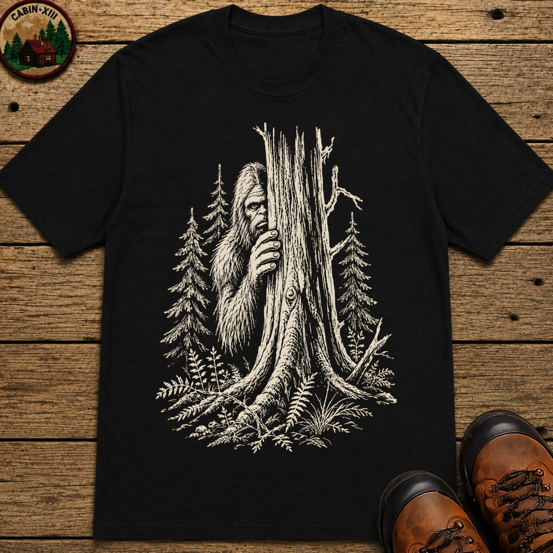 Bigfoot Hiding — Vintage Sasquatch Forest Sketch Tee - Black