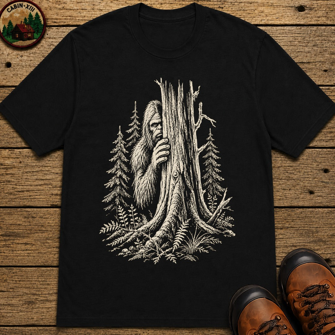 Bigfoot Hiding — Vintage Sasquatch Forest Sketch Tee - Black
