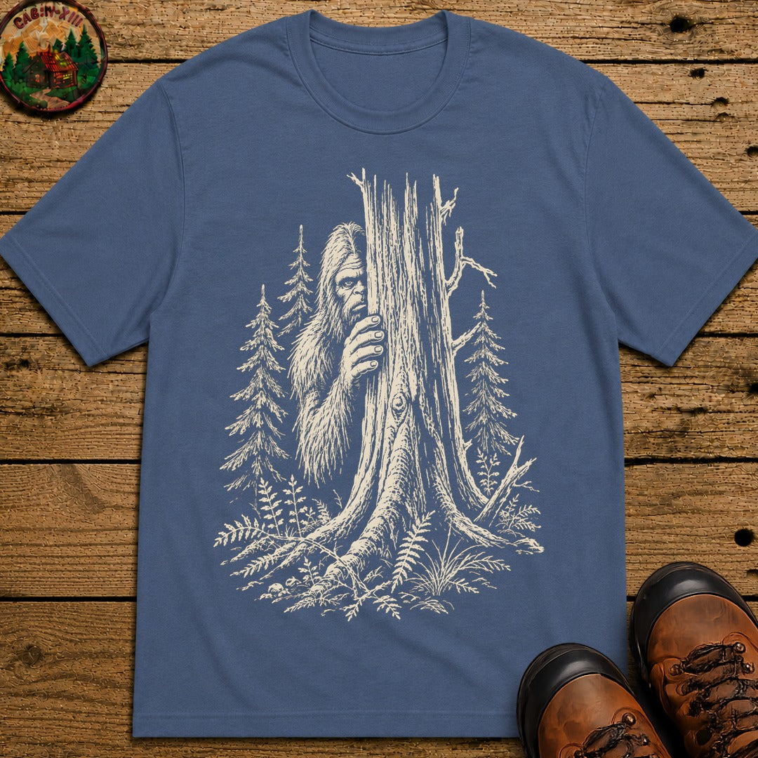 Bigfoot Hiding — Vintage Sasquatch Forest Sketch Tee - Blue Jean