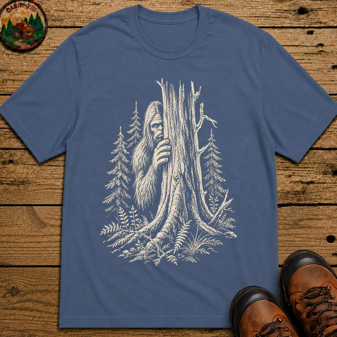 Bigfoot Hiding — Vintage Sasquatch Forest Sketch Tee - Blue Jean
