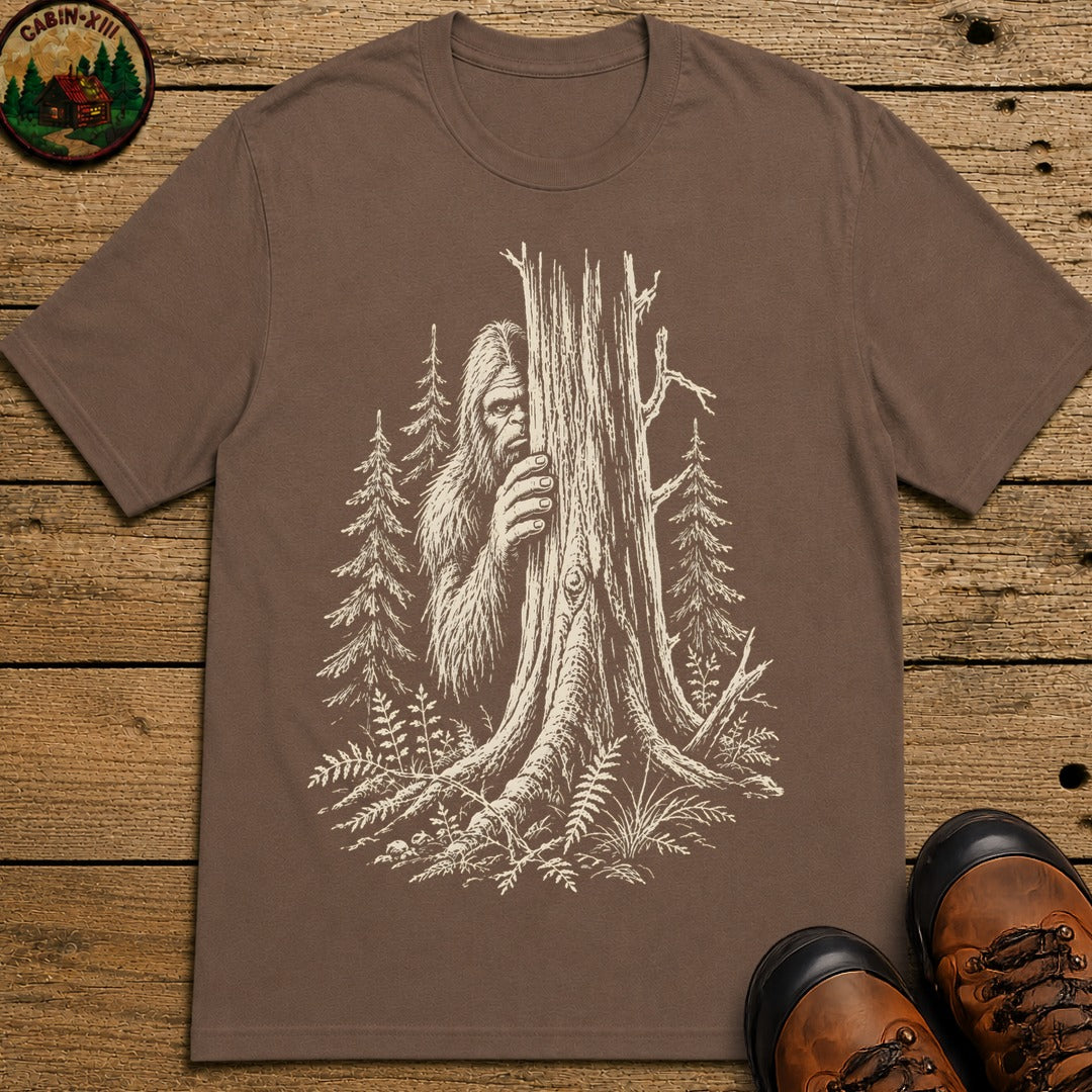 Bigfoot Hiding — Vintage Sasquatch Forest Sketch Tee - Espresso
