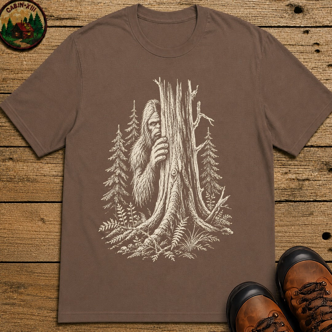 Bigfoot Hiding — Vintage Sasquatch Forest Sketch Tee - Espresso