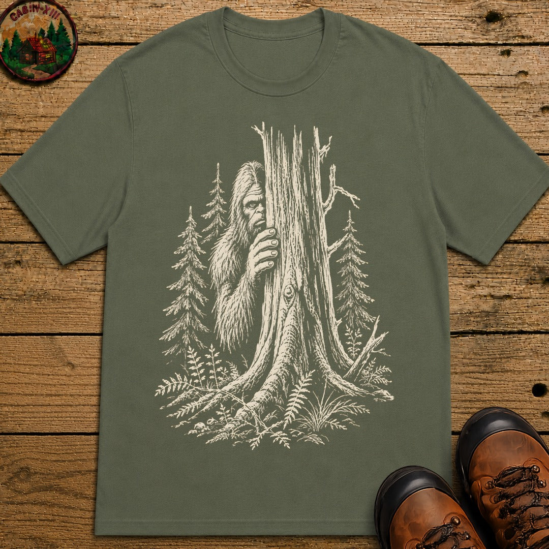 Bigfoot Hiding — Vintage Sasquatch Forest Sketch Tee - Moss